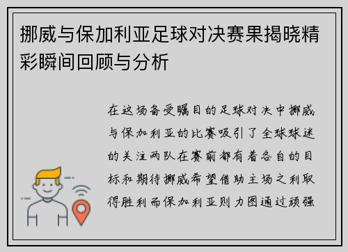 挪威与保加利亚足球对决赛果揭晓精彩瞬间回顾与分析